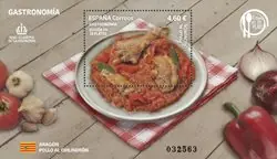 Spanje - 19 Gerechten: Pollo al Chilindron - Aragon - Postfris souvenirvelletje Wyprzedaż