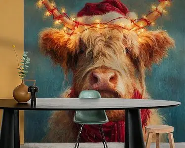Kerst Highlander koe met hoed en lichtjes Wysoka jakość