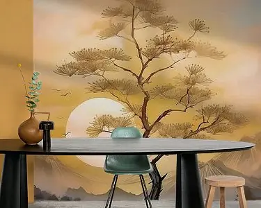 Ekspresowa dostawa Japandi Art. Sereen Japans berglandschap met ondergaande zon