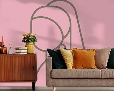 Het Meisje met de Parel abstract lijn illustratie op zacht roze achtergond met goud bruin lijnenspel Darmowa dostawa