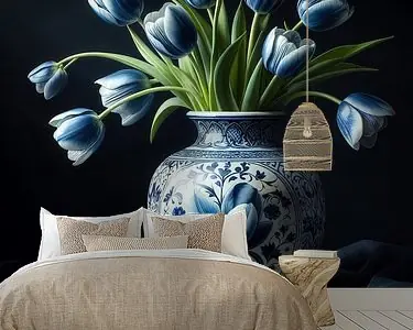 Delfts Blauwe vaas met pastel blauwe tulpen - Holland Tani