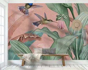 Oryginalny Vintage kolibries en tropische jungle bladeren en exotische bloemen roze