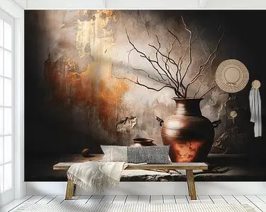 Stilleven met koperen kruiken voor een ruwe betonmuur met gouden vegen Premium