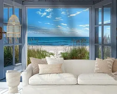 Ekspresowa dostawa Uitzicht door open raam naar zandstrand en zee