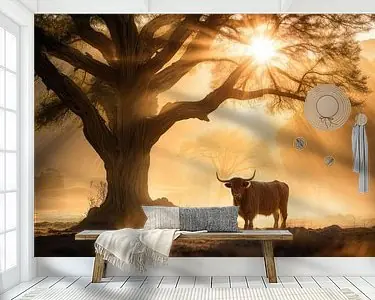 Schotse hooglander gouden uur met lichtstralen Ostatnia szansa