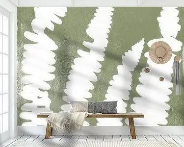 Kup teraz Witte varens in Japandi stijl. Moderne botanische kunst in pastel warm groen en wit.