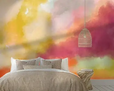 Kleurrijk modern abstract aquarel schilderij in geel, paars, oranje en roze Wyprzedaż