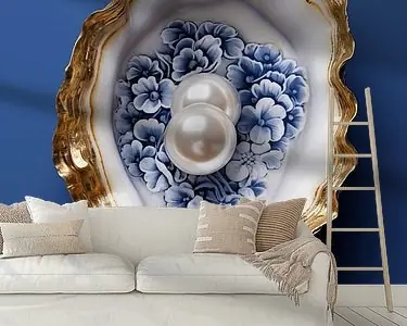 Delfts Blauwe Oester met GOUD en 2 PARELS Premium