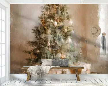 Vintage kerstboom met speelgoedtrein en cadeautjes Bezpieczna płatność