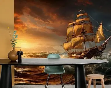 Zeilschip tijdens stormachtige zonsondergang Oferta limitowana