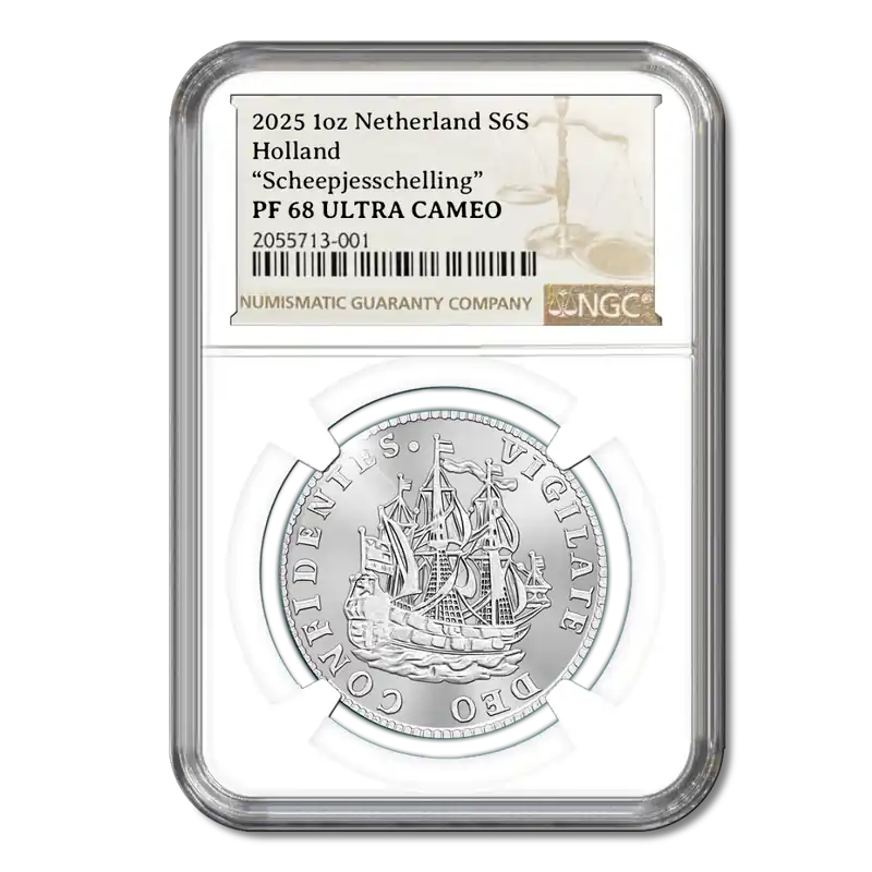 Tani Officiële Herslag: Scheepjesschelling 2025 Zilver 1 ounce PF68