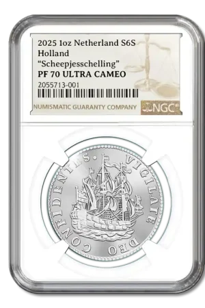 Officiële Herslag: Scheepjesschelling 2025 Zilver 1 ounce PF70 Szybka dostawa