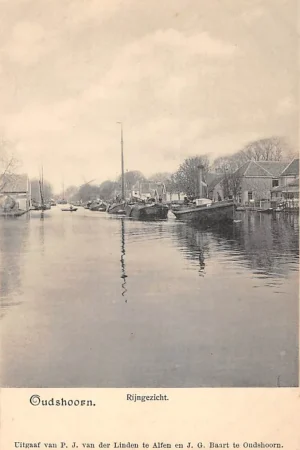 Alphen aan den Rijn Oudshoorn Rijngezicht met sleepboot en sleep binnenvaart schepen 1900 Scheepvaart Molen HC61239 Tani