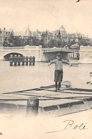 Amsterdam Nieuwe Amstelbrug met vissers op binnenvaart schip 1903 HC61123 Wyprzedaż
