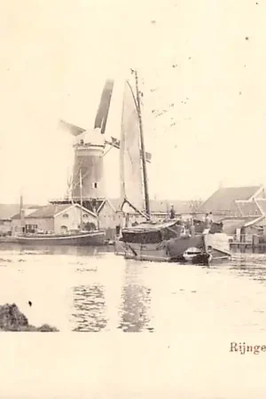 Ostatnia szansa Bodegraven Rijngezicht met binnenvaart schepen en Molen 1900 HC61048