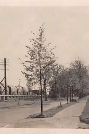 Wyprzedaż Beilen Stationslaan met trein 1955 Spoorwegen Drenthe HC61025