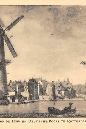 Rabat Rotterdam De Vest, gezicht op de Hof- en Delftsche Poort omstreeks 1760 Molen Reclame Cacao & Chocolaad A. Driessen HC60932