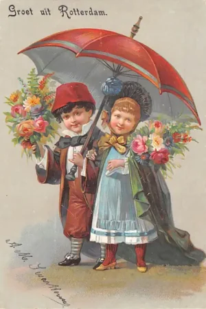 Groeten uit Rotterdam Jongen en meisje onder paraplu 1900 Kind Vintage HC60586 Tani