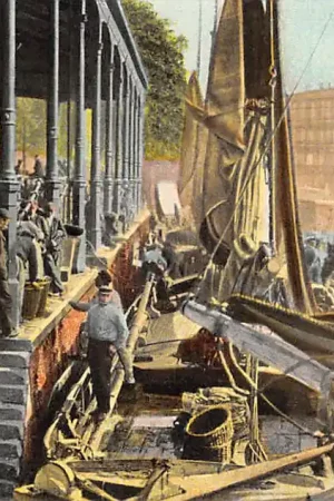 Rotterdam Vischmarkt met vissers schepen Markt HC60491 Oryginalny