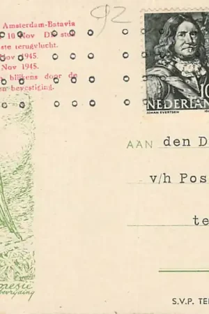 Filatelie Luchtvaart Vertrek der 1ste proefvlucht Amsterdam - Batavia met DC 4 NL 200 Vertrek 10 Nov. Dit Stuk werd tevens verzonden per 1ste terugvlucht Vertrek Batavia 19 Nov. 1945 Aankomst Amsterdam 23 Nov. Vliegtuigen Nederlands-Indië HC60212 Wysoka jakość