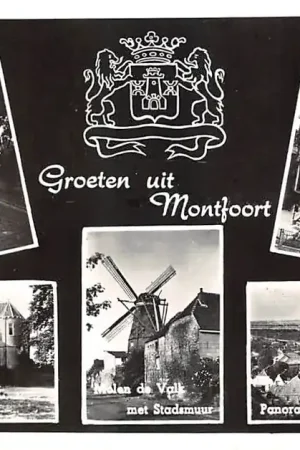 Montfoort Groeten uit 1966 N.H. Kerk Panorama R.K. Kerk Molen de Valk met Stadsmuur Stadhuis en Kasteel HC60133 Najlepsza cena