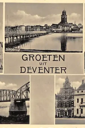 Autentyczny Deventer Groeten uit 1935 Waaggebouw Spoorbrug Schipbrug St. Libuiniskerk en Stadhuis met Politiebureau HC60109