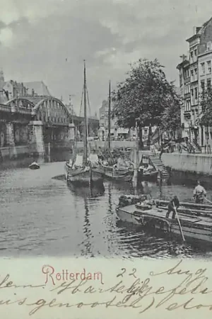 Rotterdam 1899 De Kolk met binnenvaart schepen en Spoorburg Scheepvaart Spoorwegen HC59128 Oryginalny