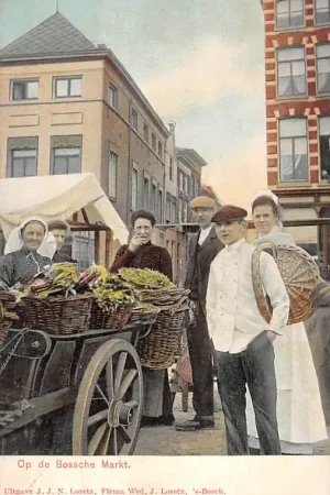 Darmowa dostawa 's-Hertogenbosch Op de Bossche Markt Groenteverkopers 1900 Straatleven Volksleven Klederdracht Vintage Noord-Brabant HC58081