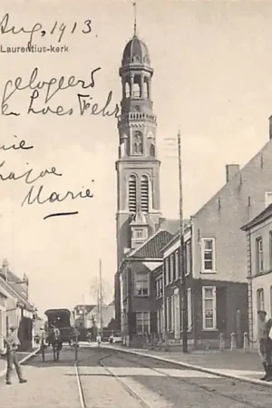 Dongen Toren der St. Laurentius-Kerk met aankomende tram 1913 Noord-Brabant HC57822 Bezpieczna płatność
