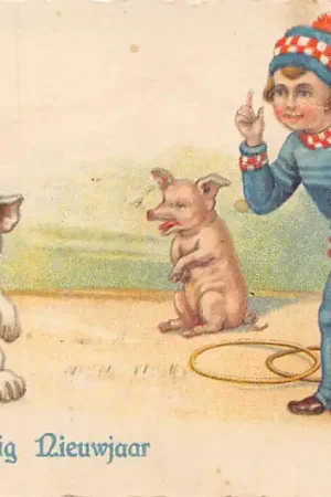 Ekspresowa dostawa Fantasie Gelukkig Nieuwjaar Kind leert hond en varken trucjes Vintage HC57804