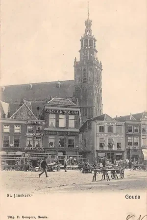 Gouda Markt met St. Janskerk Marktdag Opbouw van de marktkramen 1900 Van Gend & Loos Gompers HC57439 Popularny