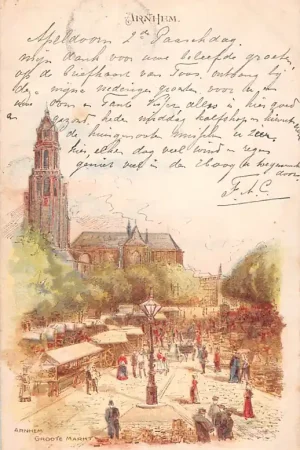 Bezpieczna płatność Arnhem Groote Markt Marktdag met kramen 1903 Litho HC57370
