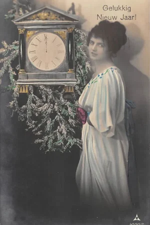 Szybka dostawa Fantasie Gelukkig Nieuw Jaar Vrouw bij klok om 12 uur 's nachts Vintage HC57318