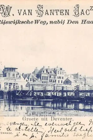 Deventer Groete uit met IJssel met en schipbrug Reclame W. van santen Jaczn. Rijswijksche Weg nabij Den Haag HC57289 Zwrot pieniędzy