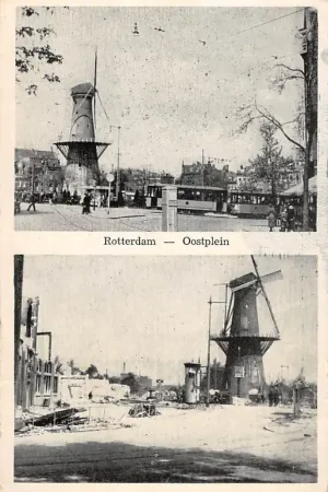 Rotterdam Oostplein met molen en tram voor mei 1940 en na bombardement WO2 HC57107 Wysoka jakość