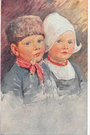Zwrot pieniędzy Fantasie Vintage Meisje en jongen met pijp Klederdracht Vintage Kind Illustrator K. Feiertag HC55938