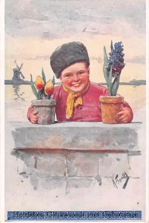 Wyprzedaż Fantasie Vintage Kind met tulpen en hyacint Klederdracht Vintage Illustrator K. Feiertag HC55937