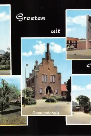 Rabat Wateringen Groeten uit 1968 R.K. en Gereformeerde Kerk Gemeentehuis Irenestraat met vijver Kwintsheulweg met molen Westland HC55930