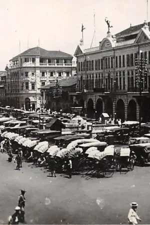 Singapore Raffles Place met auto's en riksja's Fotokaart Azië HC55727 Rabat