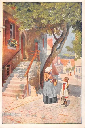 Promocja Fantasie Meisje spreekt met vrouw Klederdracht Vintage Reclame J. Bijloos Hoofd Eau de Cologne Simone Roosverdrijvend Haarwater 's-Gravenhage HC54993