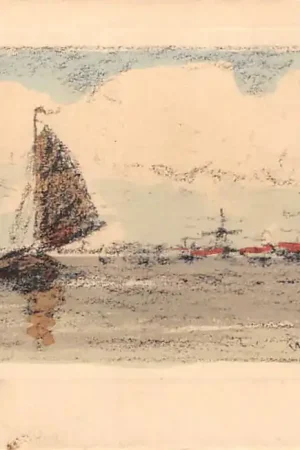 Autentyczny Onbekend Hollands landschap met schip en molen Illustrator W.H. Jentes Vintage HC54989