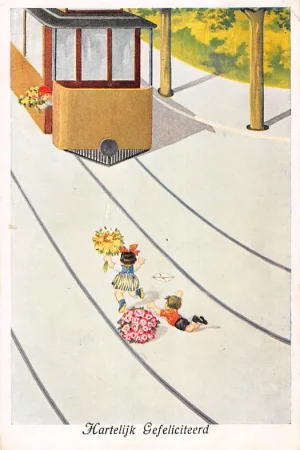 Fantasie Kinderen met bleomen nemen afscheid van meisje in de tram Vintage 1925 HC54621 Ostatnia szansa