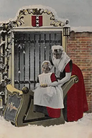 Premium Amsterdam Moeder en Kind Slee Sneeuwpret Winter Fantasie Vintage Tulp HC54617