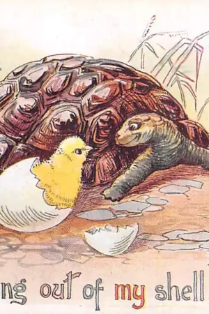 Fantasie I'm coming out of mij shell too! Kuiken en schildpad Humor 1935 Illustrator Jotter Vintage HC54601 Promocja