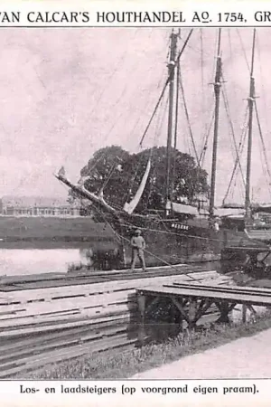 Groningen N.V. G. van Calcar's Houthandel Ao. 1754 Los- en laadsteigers (op voorgrond eigen praam) Binnenvaart s chepen Scheepvaart HC54483 Wyprzedaż