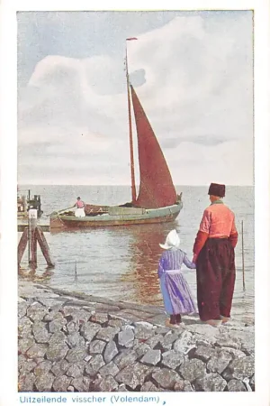 Volendam Uitzeilende visscher Vissers schip Klederdracht Vintage Scheepvaart HC54401 Nowość