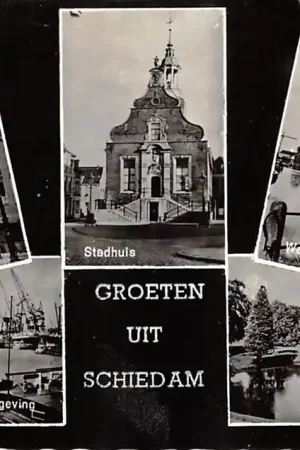 Schiedam Groeten uit 1963 Zakkendragershuisje Stadhuis Walvismolen Havens Julianapark met vijver HC54149 Tani