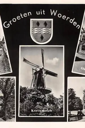 Woerden Groeten uit 1952 R.K. Kerk Burg. van Kempensingel Koren molen Oude Raadhuis Raadhuis HC53903 Najlepsza cena