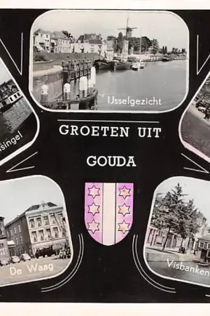 Gouda Groeten uit 1959 Turfsingel Molen De Roode Leeuw IJssel Stadhuis De Waag Visbanken HC53431 Premium