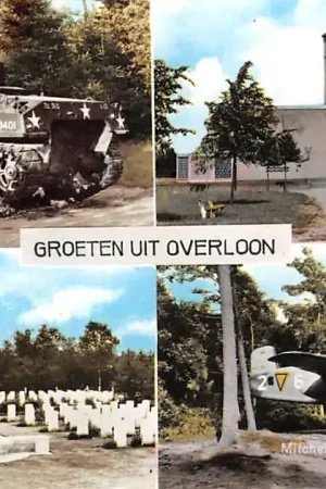 Overloon Amerikaanse Sherman tank Kapel Engels Kerkhof Mitchell Bommenwerper 1940 - 1945 WO2 Militair HC53327 Kup teraz